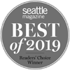 The image shows a circular badge with "seattle magazine BEST of 2019 Readers' Choice Winner" written on it.