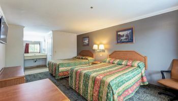 A hotel room with two double beds, colorful bedspreads, a nightstand with lamps, a TV, a sink area, and a chair.