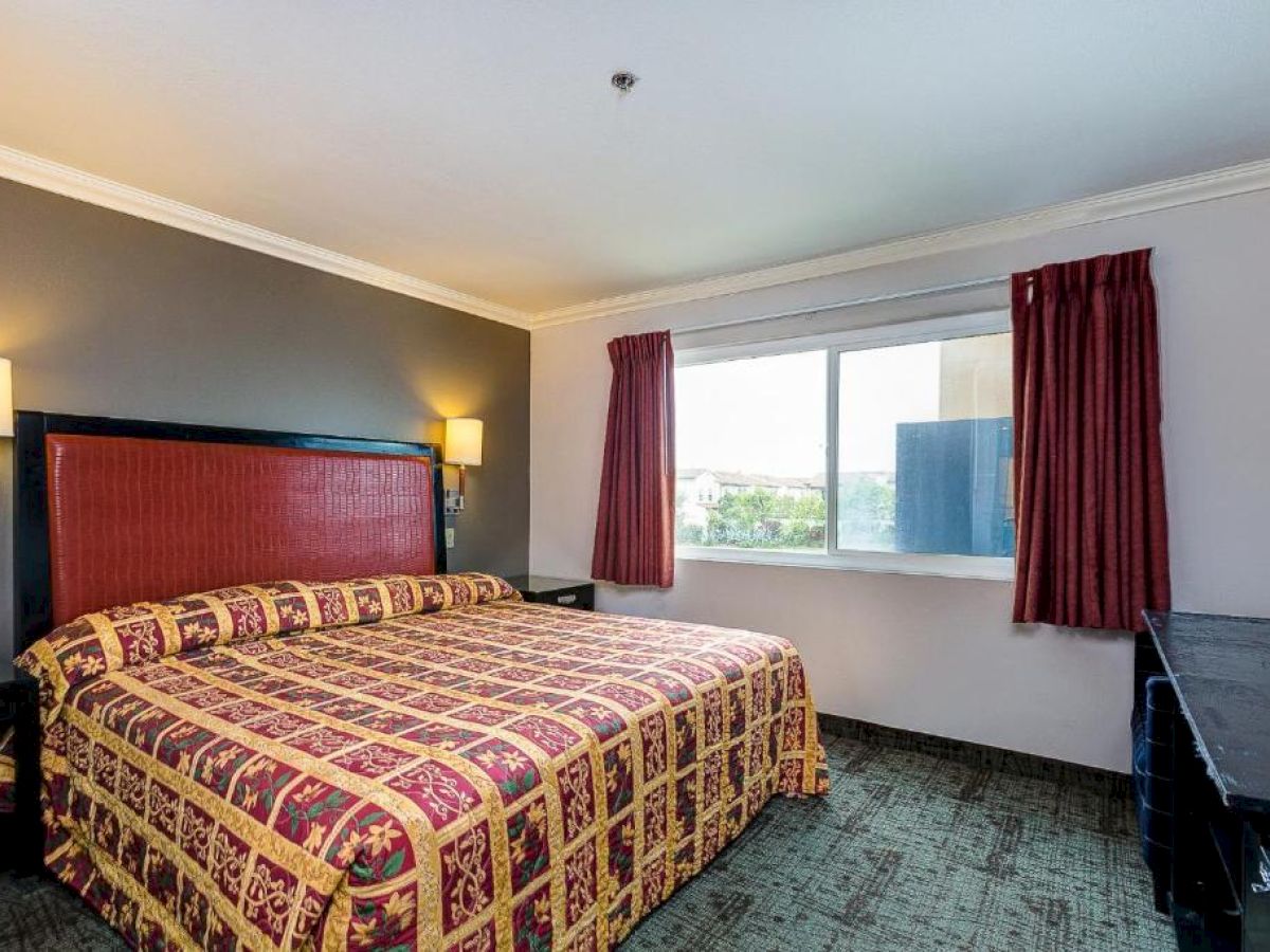 The image shows a hotel room with a bed, red curtains, side tables, and lamps, featuring a large window providing natural light.