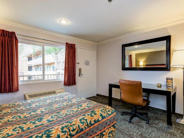 A hotel room with a bed, desk, chair, and mirror